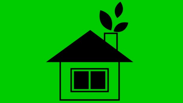 平らな生態アイコン 煙突からの葉の黒い家 再生可能エネルギー グリーン技術 生態系 グリーンエネルギーの概念 緑の背景に独立したベクトル図 — ストック動画