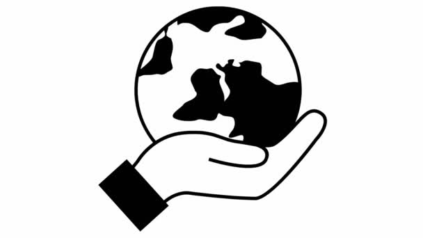 平らな生態アイコン 地球は手をつないで回転する 黒のシンボル 生態系ケアの概念は 地球を救う 白を基調としたベクトルイラスト — ストック動画