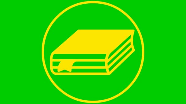 ブックマーク付きの本のアニメーション黄色のアイコン 読書の概念 円の中のシンボル 緑の背景に隔離されたフラットベクトルイラスト — ストック動画