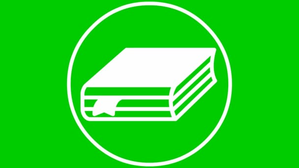ブックマーク付きの本のアニメーション白のアイコン 読書の概念 円の中のシンボル 緑の背景に隔離されたフラットベクトルイラスト — ストック動画