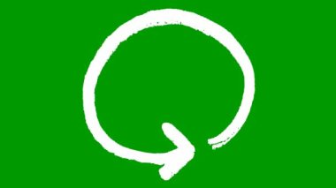 Çember okun canlandırılmış simgesi. Beyaz semboller dönüyor. Döngülü video. El çizimi vektör çizimi yeşil arkaplanda izole edildi.