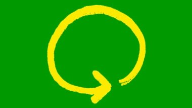 Çember okun canlandırılmış simgesi. Sarı sembol dönüyor. Döngülü video. El çizimi vektör çizimi yeşil arkaplanda izole edildi.