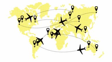 Canlandırılmış uçaklar yörünge boyunca uçar. Uçak yolculuğu. Döngülü video. Uçak bir yerden başka bir yere uçar. Beyaz arkaplandaki nokta deseninden sarı dünya haritası.