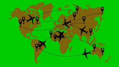 Canlandırılmış uçaklar yörünge boyunca uçar. Uçak yolculuğu. Döngülü video. Uçak bir yerden başka bir yere uçar. Yeşil arkaplanda kırmızı dünya haritası.