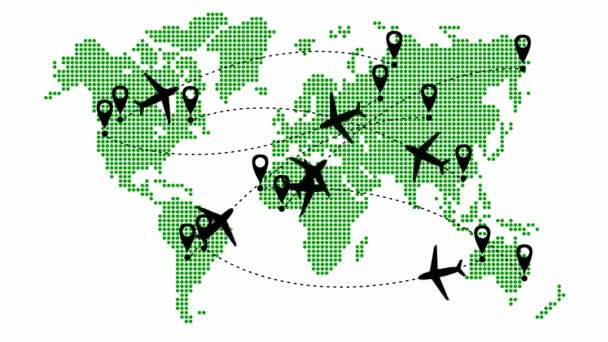 动画飞机沿着一个轨道飞行 飞机旅行 循环视频 飞机从一个地方飞往另一个地方 从白色背景上的点状图案看绿色世界地图 — 图库视频影像