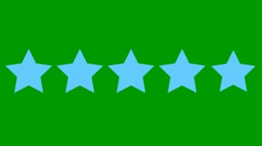 Beş mavi yıldızlı müşteri ürün değerlendirmesi animasyonu. Yeşil arkaplanda izole edilmiş vektör düz illüstrasyon.