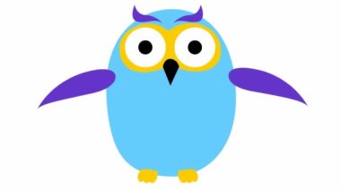 Animasyon mavi baykuş sinekleri. Döngülü video. Beyaz arkaplanda izole edilmiş vektör illüstrasyonu.