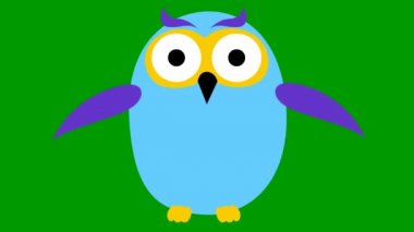 Animated funny blue owl flies. Looped video. Vector illustration isolated on a green background.