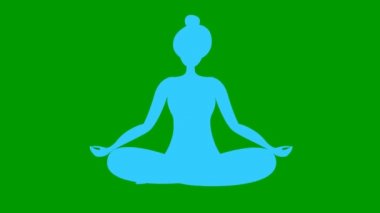 Animated girl is doing yoga sitting in lotus position. blue symbol. The girl meditates. Modern flat design concept of yoga. Woman soars in the air. Bright motion illustration on green background.
