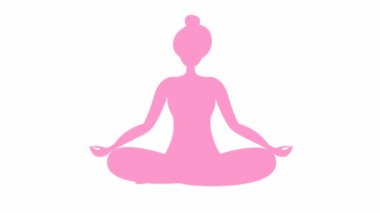 Animated girl is doing yoga sitting in lotus position. pink symbol. The girl meditates. Modern flat design concept of yoga. Woman soars in the air. Bright motion illustration on white background.