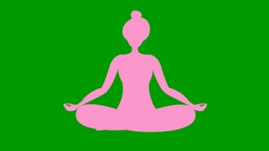 Animated girl is doing yoga sitting in lotus position. pink symbol. The girl meditates. Modern flat design concept of yoga. Woman soars in the air. Bright motion illustration on green background.