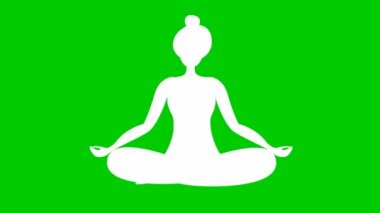 Animated girl is doing yoga sitting in lotus position. white symbol. The girl meditates. Modern flat design concept of yoga. Woman soars in the air. Bright motion illustration on green background.