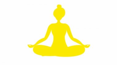 Animated girl is doing yoga sitting in lotus position. yellow symbol. The girl meditates. Modern flat design concept of yoga. Woman soars in the air. Bright motion illustration on white background.