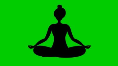 Animated girl is doing yoga sitting in lotus position. Black symbol. The girl meditates. Modern flat design concept of yoga. Woman soars in the air. Bright motion illustration on green background.