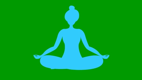 有生气的女孩坐在莲花的位置上做瑜伽 蓝色的符号 这个女孩沉思着 瑜伽的现代平面设计概念 女人在空中翱翔 绿色背景下的明亮运动图解 — 图库视频影像
