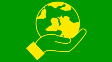 Flat ecology icon. The earth spins in hand. yellow symbol. Looped video. Concept of ecology care, saving the planet. Vector illustration isolated on green background.