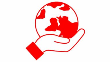 Düz ekoloji ikonu. Dünya eliyle dönüyor. Kırmızı sembol. Döngülü video. Ekolojik bakım kavramı, gezegeni kurtarmak. Vektör illüstrasyonu beyaz arkaplanda izole edildi.