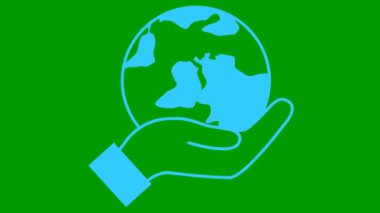 Flat ecology icon. The earth spins in hand. Blue symbol. Looped video. Concept of ecology care, saving the planet. Vector illustration isolated on green background.