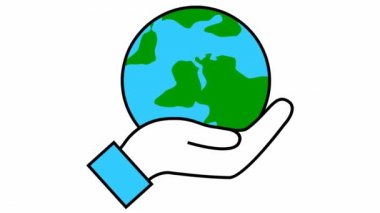 Flat ecology icon. The earth spins in hand. Blue and green symbol. Looped video. Concept of ecology care, saving the planet. Vector illustration isolated on white background.