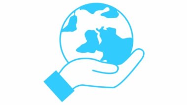 Flat ecology icon. The earth spins in hand. Blue symbol. Looped video. Concept of ecology care, saving the planet. Vector illustration isolated on white background.