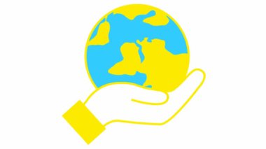 Flat ecology icon. The earth spins in hand. Blue and yellow symbol. Looped video. Concept of ecology care, saving the planet. Vector illustration isolated on white background.