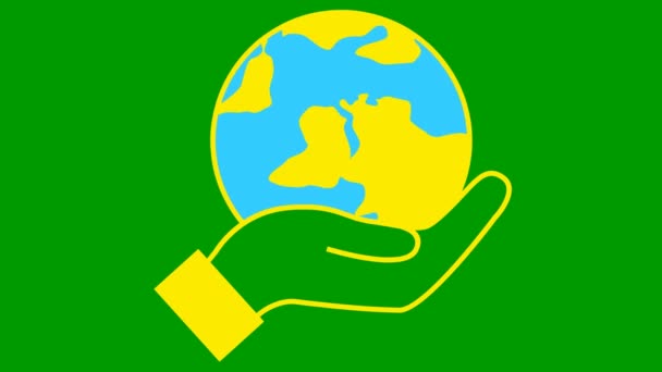 Flat ecology icon. The earth spins in hand. Blue and yellow symbol. Looped video. Concept of ecology care, saving the planet. Vector illustration isolated on green background.