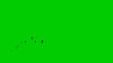 Animated black dollars fly from left to right. A wave of flying money. Concept of business, money. Vector illustration isolated on the green background.