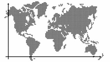 Eğilim çizelgesi ile finansal çöküşün animasyon kara tablosu. Küresel ekonomik durgunluk. Ekonomik kriz, durgunluk, düşüş grafiği. Bar haritası olan bir dünya haritası. Kâr düştü. Döngülü video. Vektör illüstrasyonu beyaz arkaplanda izole edildi.