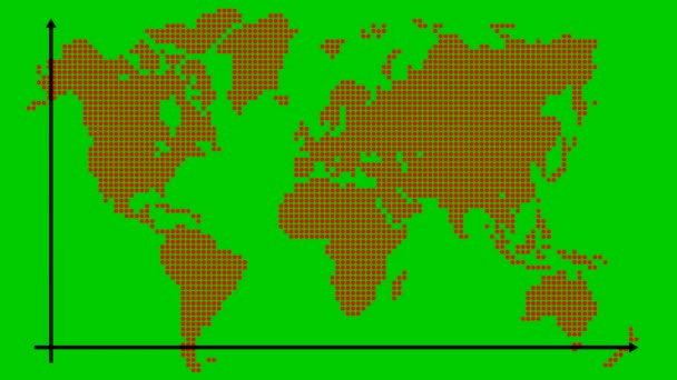 トレンドラインチャートで財務減少のアニメーションレッドチャート 不況の世界経済 経済危機 減少グラフ 棒グラフで世界地図 利益は下がる ループビデオだ 緑の背景に独立したベクトル図 — ストック動画
