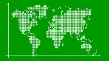 Bir trend çizelgesi ile finansal çöküşün animasyon beyaz çizelgesi. Küresel ekonomik durgunluk. Ekonomik kriz, durgunluk, düşüş grafiği. Bar haritası olan bir dünya haritası. Kâr düştü. Döngülü video. Vektör illüstrasyonu yeşil arkaplanda izole edildi.