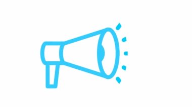 Megafonun animasyon mavi çizgi sembolü. Döngülü video. Haber kavramı, duyuru, propaganda, promosyon, yayın, medya, mesaj. Vektör illüstrasyonu beyaz arkaplanda izole edildi.