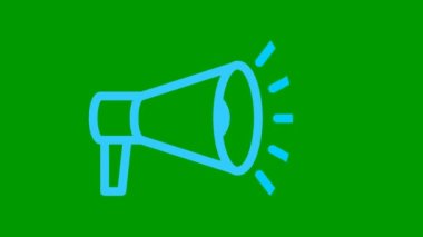 Megafonun animasyon mavi çizgi sembolü. Döngülü video. Haber kavramı, duyuru, propaganda, promosyon, yayın, medya, mesaj. Vektör illüstrasyonu yeşil arkaplanda izole edildi.