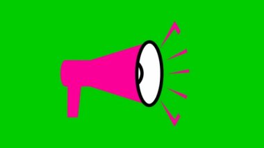 Pembe megafonun animasyon sembolü. Döngülü video. Haber kavramı, duyuru, propaganda, promosyon, yayın, medya, mesaj. Vektör illüstrasyonu yeşil arkaplanda izole edildi.