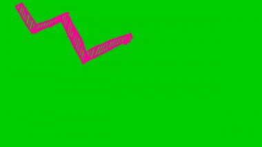 Animasyon pembe ve mavi ok. Ekonomideki durgunluk çizelgesi. Ekonomik kriz, durgunluk, düşüş grafiği. Kâr düştü. El çizimi vektör çizimi yeşil arkaplanda izole edildi.