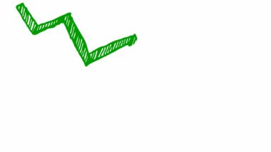 Animasyon yeşil ok. Ekonomideki durgunluk çizelgesi. Ekonomik kriz, durgunluk, düşüş grafiği. Kâr düştü. El çizimi vektör çizimi beyaz arkaplanda izole edildi.