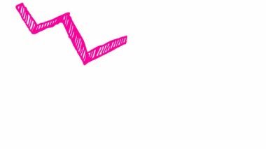 Animasyon pembe ok. Ekonomideki durgunluk çizelgesi. Ekonomik kriz, durgunluk, düşüş grafiği. Kâr düştü. El çizimi vektör çizimi beyaz arkaplanda izole edildi.