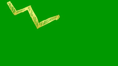 Animasyon altın ok. Ekonomideki durgunluk çizelgesi. Ekonomik kriz, durgunluk, düşüş grafiği. Kâr düştü. El çizimi vektör çizimi yeşil arkaplanda izole edildi.