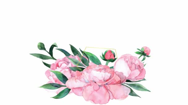 Animowany Akwarela Różowa Róża Ramką Kwiat Się Pojawia Miejsce Tekst — Wideo stockowe