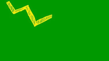 Animasyon sarı ok. Ekonomideki durgunluk çizelgesi. Ekonomik kriz, durgunluk, düşüş grafiği. Kâr düştü. El çizimi vektör çizimi yeşil arkaplanda izole edildi.