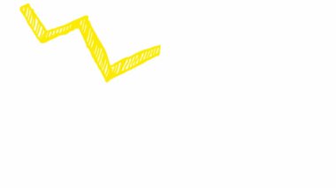 Animasyon sarı ok. Ekonomideki durgunluk çizelgesi. Ekonomik kriz, durgunluk, düşüş grafiği. Kâr düştü. El çizimi vektör çizimi beyaz arkaplanda izole edildi.