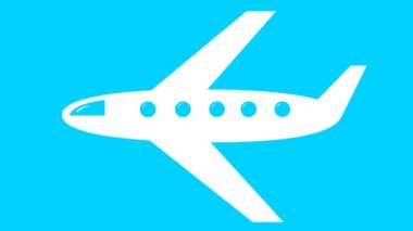 Animasyon beyaz uçak gökyüzünde uçuyor. Seyahat kavramı. Döngülü video. Mavi gökyüzü arka planında düz vektör illüstrasyonu.