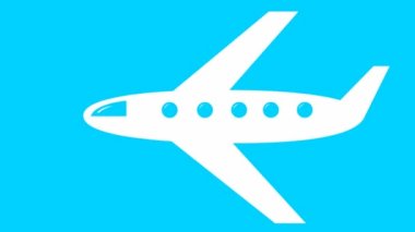 Animasyon beyaz uçak gökyüzünde uçuyor. Seyahat kavramı. Döngülü video. Mavi gökyüzü arka planında düz vektör illüstrasyonu.