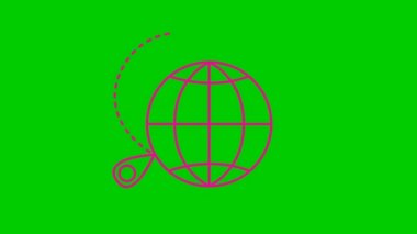 Pembe uçak Dünya 'nın yörüngesinde uçuyor. Uçak yolculuğu. Uçakta transfer ol. Döngülü video. Çizgi vektör çizimi yeşil arkaplanda izole edildi. 