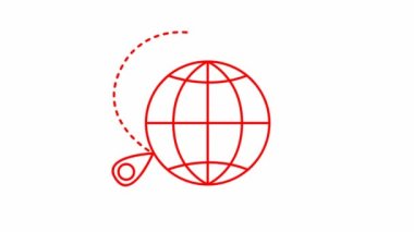 Kırmızı uçak, Dünya 'nın yörüngesinde uçuyor. Uçak yolculuğu. Uçakta transfer ol. Döngülü video. Beyaz arkaplanda izole edilmiş çizgi vektör çizimi. 