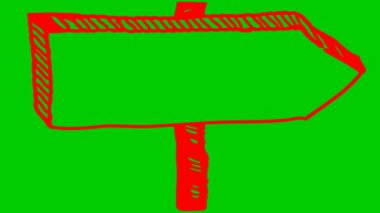 İşaret işaretçisinin canlandırılmış sembolü. Çubuktaki boş tahta. Tahta reklam panosu. El çizimi kırmızı ok sağ tarafı gösteriyor. Vektör illüstrasyonu yeşil arkaplanda izole edildi.