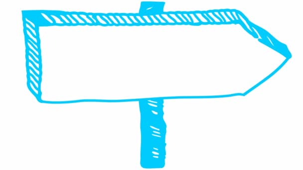 記号ポインタのアニメーションシンボル 棒の上に空のボード 木製の看板 右側に青い矢印ポイントを描画手 白を基調としたベクトルイラスト — ストック動画