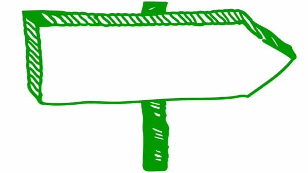 記号ポインタのアニメーションシンボル 棒の上に空のボード 木製の看板 右手に緑の矢印ポイントを描いた 白を基調としたベクトルイラスト — ストック動画
