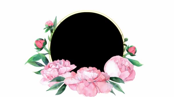 Animowany Akwarela Różowa Róża Okrągłą Ramą Kwiat Się Pojawia Szablon — Wideo stockowe
