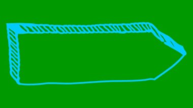 İşaret işaretçisinin canlandırılmış sembolü. Boş tahta. Tahta reklam panosu. El çizimi mavi ok sağ tarafı gösteriyor. Vektör illüstrasyonu yeşil arkaplanda izole edildi.