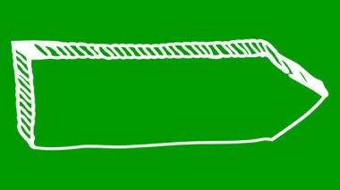 İşaret işaretçisinin canlandırılmış sembolü. Boş tahta. Tahta reklam panosu. El çizimi beyaz ok sağ tarafı gösteriyor. Vektör illüstrasyonu yeşil arkaplanda izole edildi.